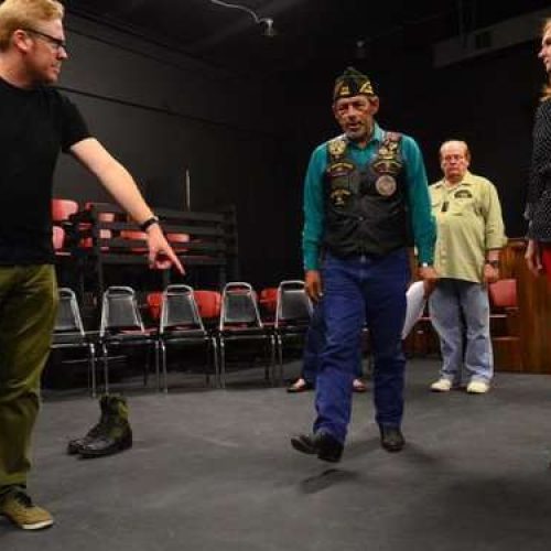 apl090914f/ASECTION/ Pierre-Louis/JOURNAL090914
From left "Telling, Albuquerque" director Max Rayneard,,  instructs Ernest Garcia,,Mike Miller ,, and Marykay Chapman,, during a rehearsal  at the Vortex Theater .  Photographed on Tuesday September  9, 2014.  /Adolphe Pierre-Louis/Journal